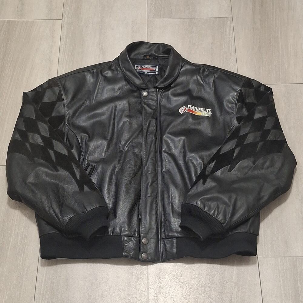 Vtg Black Genuine Leather Suede Sleeves Featherlite Racing Jacket Mens Size 3XL